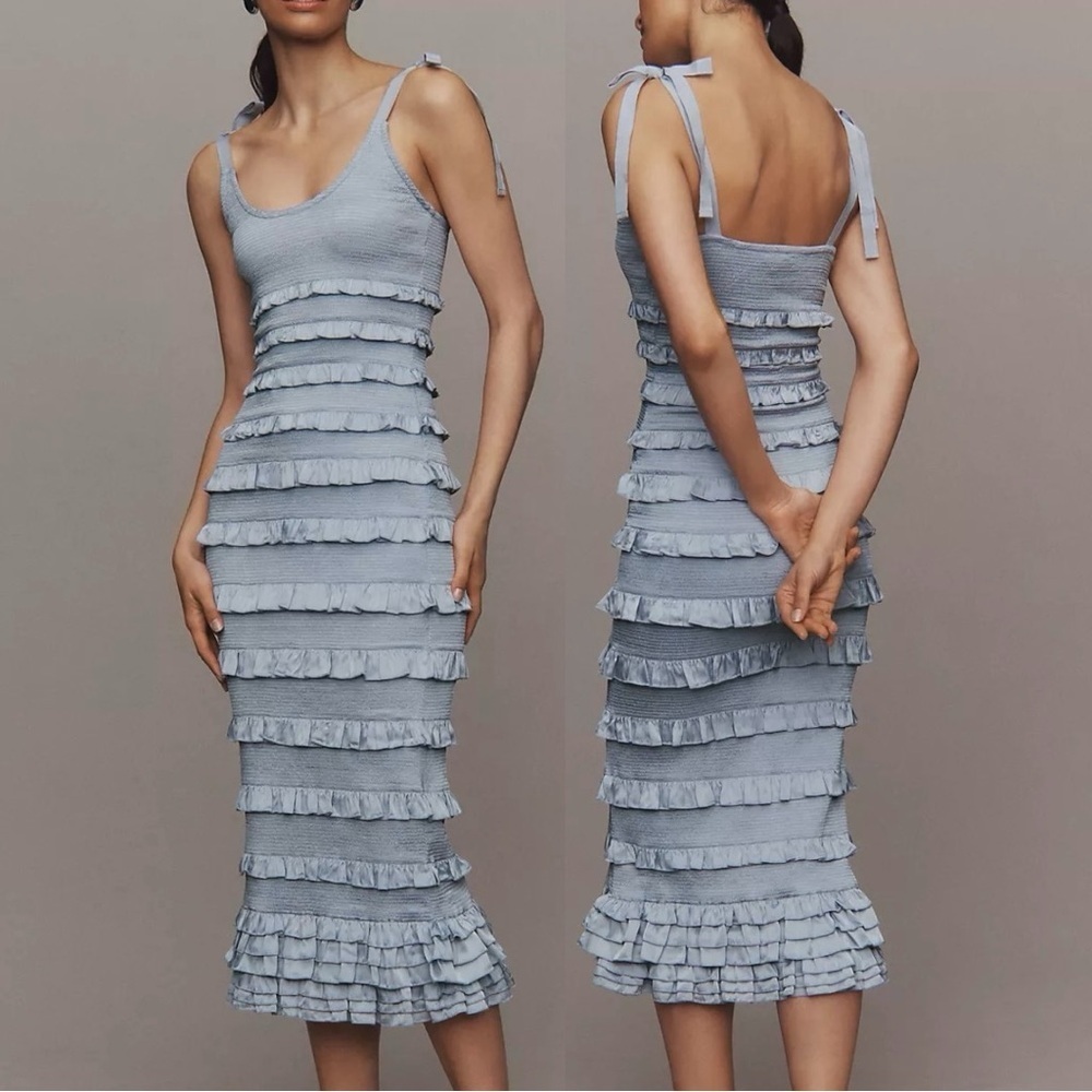 V. Chapman Lotus Ruffle Bodycon Tie Sleeve Midi Dress in Arctic Ice 10 NWT
